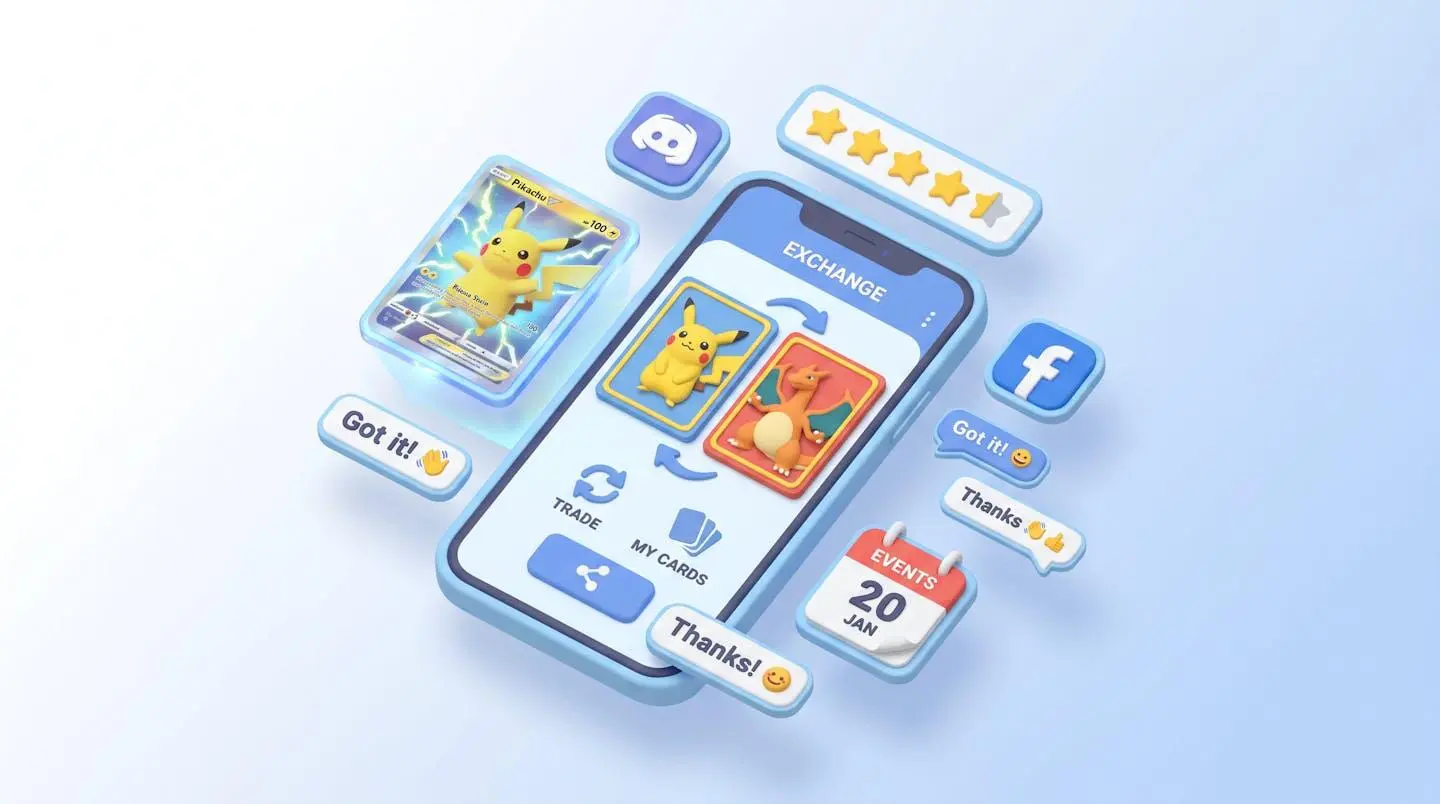 Illustration 3D isométrique d'un smartphone entouré d'éléments technologiques symbolisant un Pokémon Pocket Exchange virtuel moderne