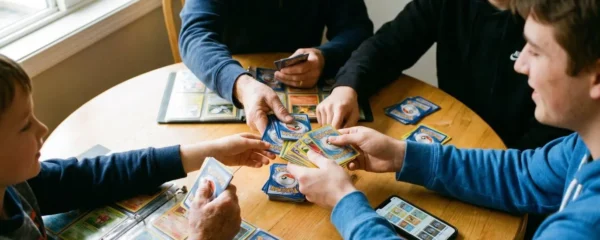 Quatre personnes de générations différentes échangeant des cartes Pokémon autour d'une table en bois dans une ambiance conviviale