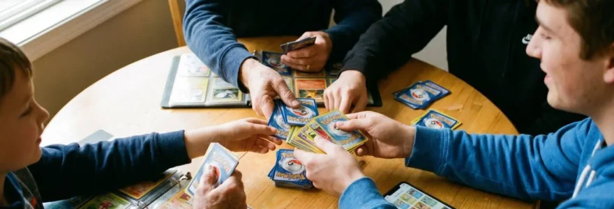 Quatre personnes de générations différentes échangeant des cartes Pokémon autour d'une table en bois dans une ambiance conviviale