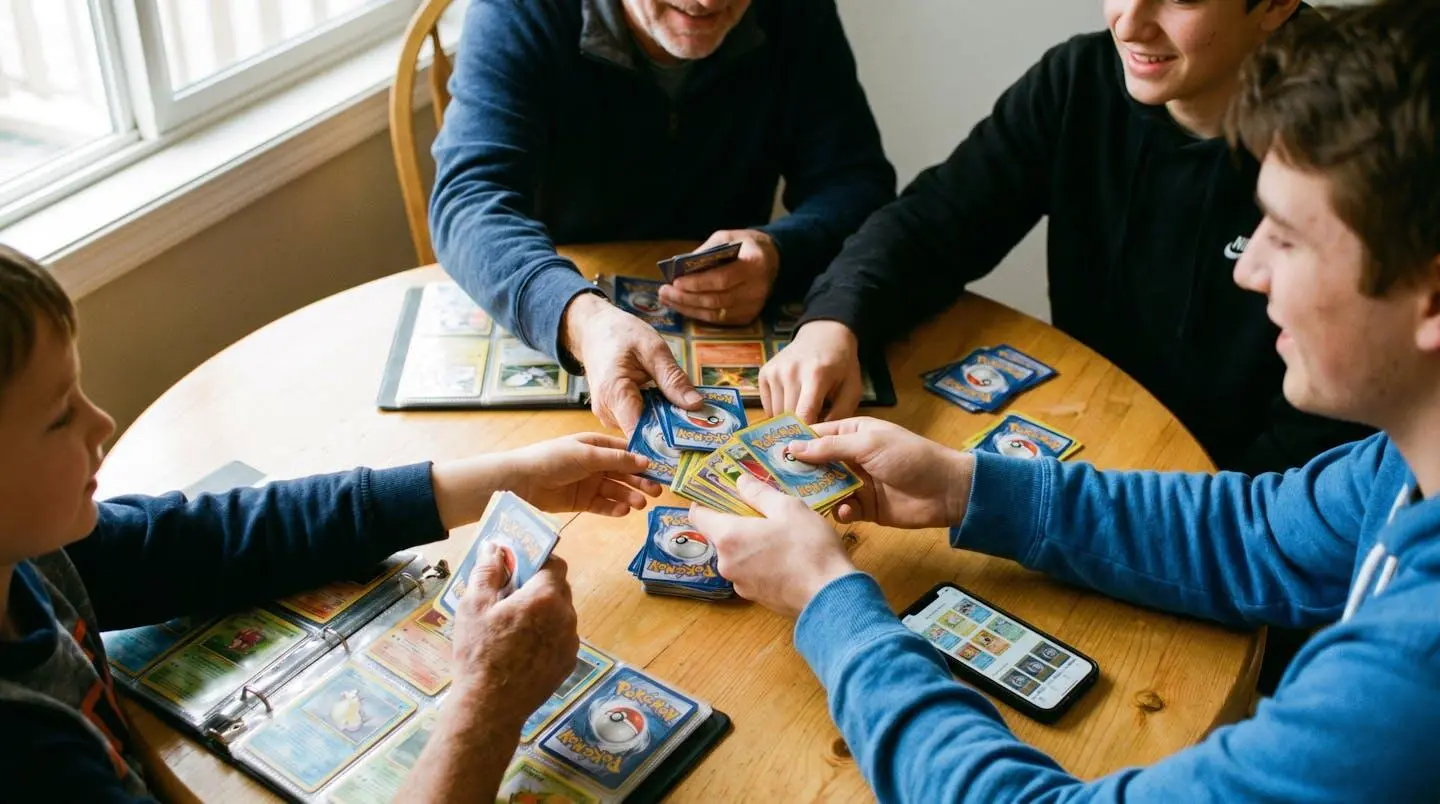 Quatre personnes de générations différentes échangeant des cartes Pokémon autour d'une table en bois dans une ambiance conviviale
