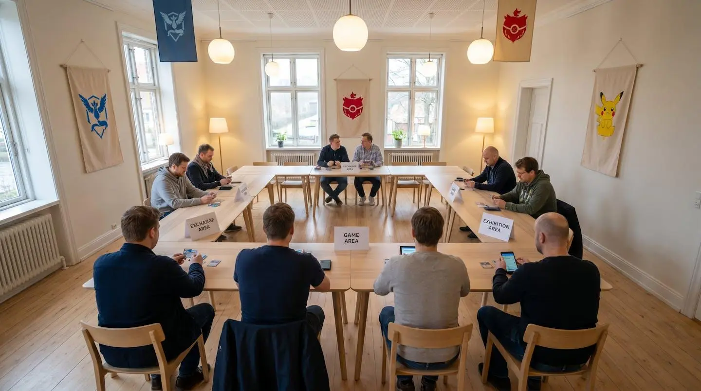 Salle communautaire organisée pour un événement Pokémon Pocket Exchange avec différents espaces dédiés à l'échange et au jeu
